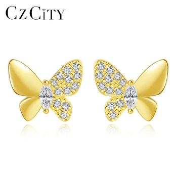 CZCITY Fashion 925 sterlingų sidabro aukso spalvos drugelio smeigtuko auskarai moterims Madinga klasika Mieli romantiški gyvūnų papuošalai