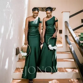 Emerald Green Satin Bridesmaid Suknelės Vieno peties suknelės Gala moterims Aplikacijos Vakarėlio suknelė vestuvėms Svečių suknelės Nauja