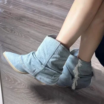 2023 Pointy Toe Ladies Ankle Boots New Blue Canvas Denim Moteriški batai Casual Comfortable Western Cowboy Boots Botines Mujer