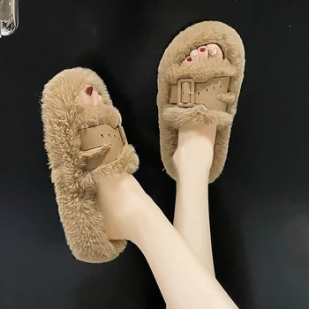 Namų šlepetės Moteriški kailiniai batai Flock platforma Prabangios skaidrės Pantofle Med masažas Pliušinis dizaineris 2023 Plokščia guma su kailiu