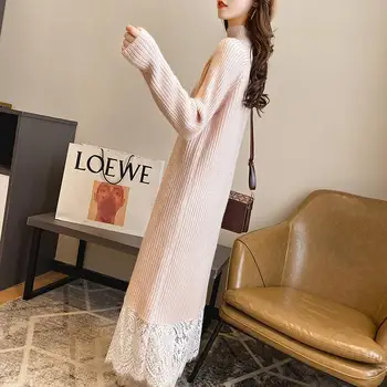 2023 Nauja korėjietiško stiliaus mada Laisva megzta suknelė su nėrinių pleistru moterims Juodos megztinio suknelės ilgomis rankovėmis Vestido N89
