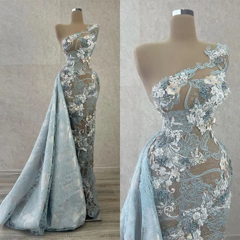 One Shouder Undinėlės vakarinės suknelės Naujos šviesiai mėlynos siuvinėjimo gėlės Aplikacijos nėriniai Sheer Sexy Prom suknelė Moteriška vakarėlio suknelė