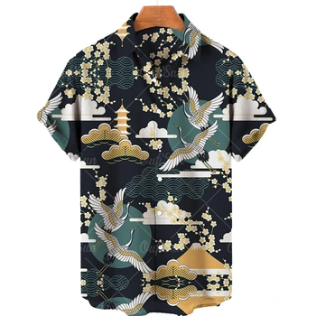 Animal Print Crane Kinijos vyriški marškiniai trumpomis rankovėmis 2023 Fashion Street Loose 5XL Beach Beach