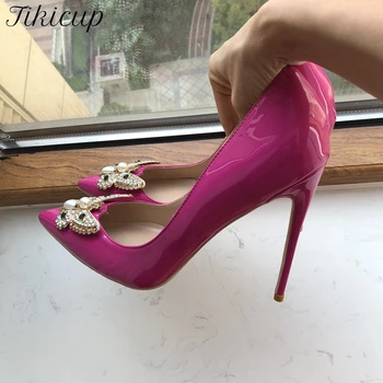 Tikicup Deep Rose Women Patent Pointy Toe High Heel Party bateliai su drugelio dekoro elegantiškais stiletto siurbliais 8cm 10cm 12cm